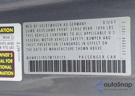 2007 Volkswagen Rabbit 2-Door из США, поврежденный, VIN WVWBS71K57W159129